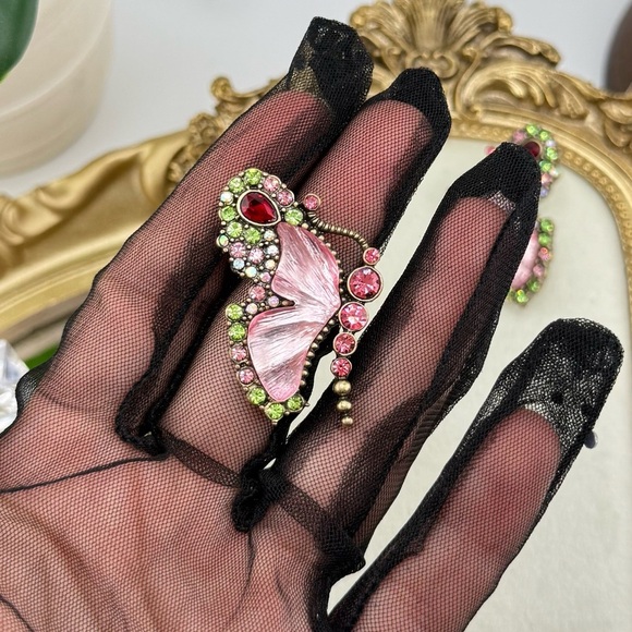 Vintage Butterfly Statement Earrings - Pink, Green & Red Crystal Accents - Picture 6 of 8
